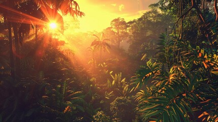 Wall Mural - A sunset view from within the Amazon forest, with the sun's rays casting long shadows through the dense array of trees and plants, highlighting the intricate layers of the jungle. 8k