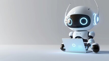 Cute friendly artificial intelligence robot using laptop computer with white neon glow light, light grey background, chatbot and AI assistant concept futuristic technology 3d illustration, banner