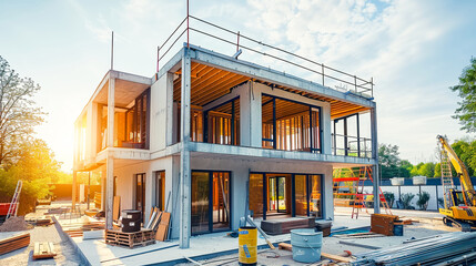 Poster - Construction progress of steel structure prefabricated modern house. Generative AI.