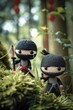 Whimsical Adventure. Ninja-Themed Amigurumi Characters Embark on an Epic Journey. Dynamic Poses and Dramatic Lighting Create a Playful Scene in Top-Down Shot.