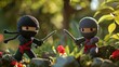 Whimsical Adventure. Ninja-Themed Amigurumi Characters Embark on an Epic Journey. Dynamic Poses and Dramatic Lighting Create a Playful Scene in Top-Down Shot.