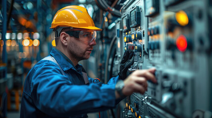 A facility manager conducting a routine inspection on a transformer, using tools and safety gear. Generative AI.