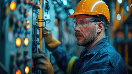Poster - A facility manager conducting a routine inspection on a transformer, using tools and safety gear. Generative AI.