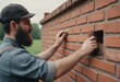 bricklaying. Worker checks erected brick wall with level