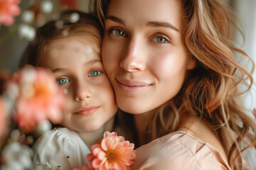 Wall Mural - A woman and a little girl are hugging each other. The woman has a smile on her face and the girl is holding a bouquet of flowers. Concept of warmth and love between the two