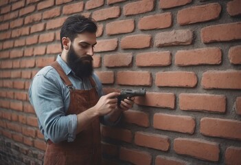 Wall Mural - bricklaying. Worker checks erected brick wall with level