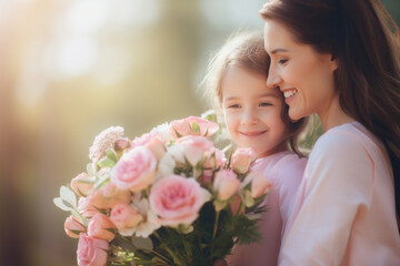 Wall Mural - A woman and a child are holding a bouquet of pink flowers. The woman is smiling and the child is also smiling. Scene is happy and joyful