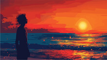 A Lone Figure Stands On A Peaceful Beach, Gazing At The Vibrant Colors Of The Setting Sun On The Horizon