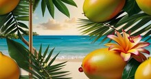Capture An Ultra-realistic Image Of Mango Delight Arranged On A Tropical-themed Backdrop. Emphasize The Realism Of The Dessert By Incorporating Elements Like Palm Leaves, Vibrant Flowers-AI Generative