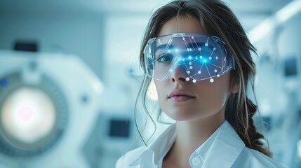 Poster - Female Scientist Working in Medical Research Laboratory, Advanced Scientific Lab for Medicine, Biotechnology, Vaccine Development, high-tech. Generative AI.