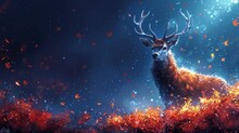 A Deer With Antlers Standing In The Middle Of A Forest Filled With Leaves And A Sky Filled With Stars.