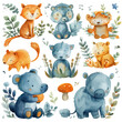 Cute whimsical animals Watercolor painting isolated