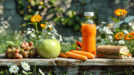 Wall Mural - Vibrant Fresh Juice and Carrot, Healthy Diet Drink on Wooden Background, Nutritious Beverage