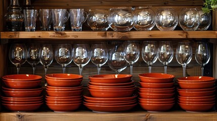 Wall Mural - a shelf filled with lots of orange bowls and glasses on top of each other in front of a wooden shelf filled with wine glasses.
