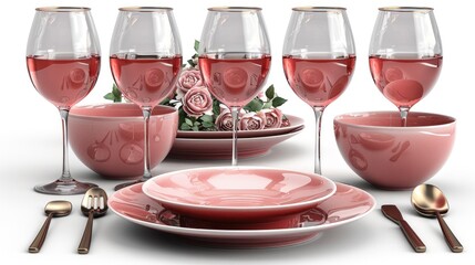 Wall Mural - a group of wine glasses sitting on top of a table next to a plate with a rose design on it.