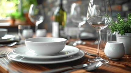 Wall Mural - a close up of a plate with a bowl and a cup on a table with silverware and wine glasses.