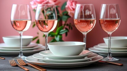 Wall Mural - a table set with wine glasses, plates, and utensils and a vase of roses in the background.