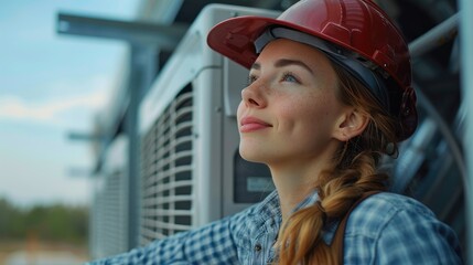 Poster - Beautiful woman engineer repairs air conditioner unit on roof. Generative AI.