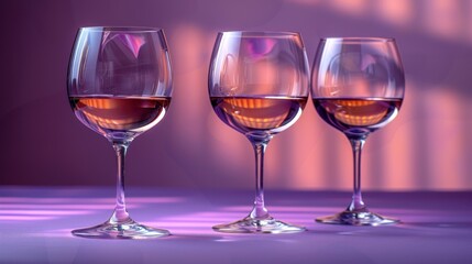 three wine glasses sitting next to each other in front of a purple and pink background with light coming through the window.