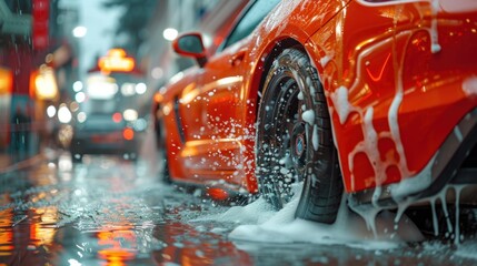 Wall Mural - a close up of a red car driving down a street with a lot of snow on the side of it.