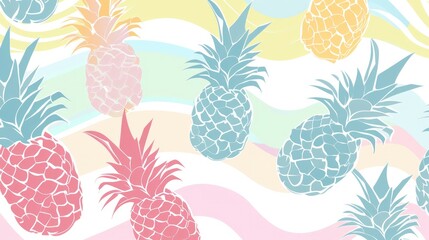 Wall Mural - Retro Wave Revival. Pastel-Colored Design Infused with 60's Style Retro Pineapples, Set Against a Clean White Background.