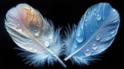 a close up of two feathers with drops of water on the feathers and on the back of the feathers is a black background.