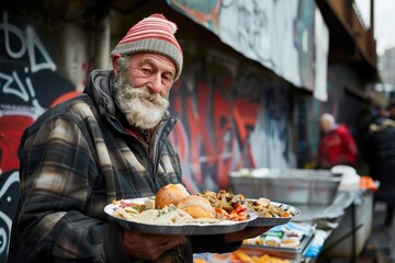 Portrait of a homeless man taking free food at a charity food distribution shelter