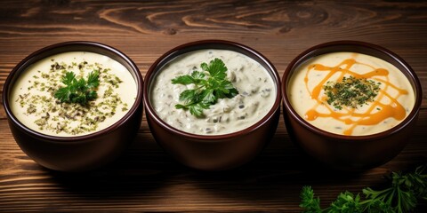 Wall Mural - Vegetarian vegetable cream soup on a dark background, top view. Three vegetable soups. Generative AI