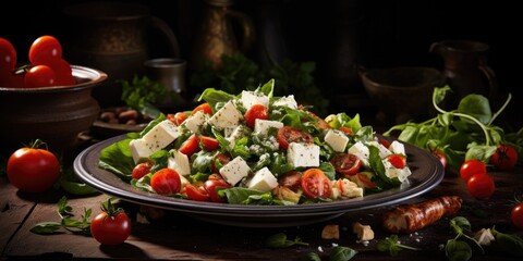 Wall Mural - Salad with cheese, tomatoes, herbs and olives. Classic Greek salad. Generative AI