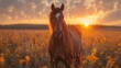 A majestic horse stands amidst a field of flowers during a beautiful sunset.