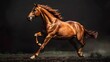 Majestic chestnut horse galloping freely with its mane flowing in a dark backdrop environment, ideal for equestrian themes and natural power concepts.