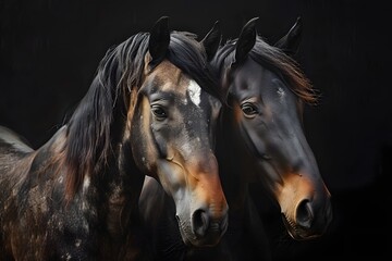 Wall Mural - two horses with shiny black coats, standing close together and looking in the same direction with a poised and attentive gaze. The dark background highlights their features and gives the photograph a 