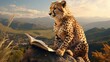 A cheetah standing on top of a cliff writing his own novel