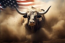 A Large Bull Against The Background Of The American Flag As A Symbol Of The State Of Texas. Revolution Or Bullfight Concept