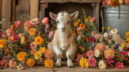 Wall Mural - a baby goat standing in front of a bunch of flowers and a bucket of flowers on the ground next to it.