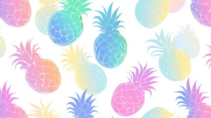 Wall Mural - Retro Wave Revival. Pastel-Colored Design Infused with 60's Style Retro Pineapples, Set Against a Clean White Background.