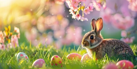 Wall Mural - Easter background with rabbit and colorful eggs on green grass bokeh effect, copy space Generative AI
