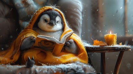 Wall Mural - a penguin sitting on a chair reading a book with a candle in front of it and a book on a table in front of it.