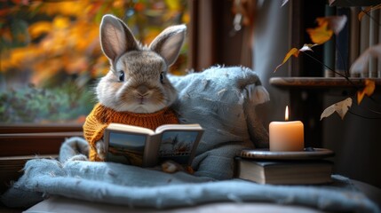 a rabbit in a sweater reading a book next to a candle and a teddy bear on a window sill.