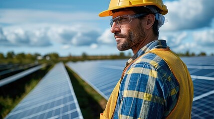 Poster - Engineer looking at a solar park, clean energy. Generative AI.