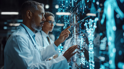 Aufkleber - Doctor works towards AI-powered health analytics on a transparent screen, brainstorming, group of doctors and engineers. Generative AI.
