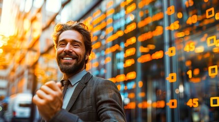 Poster - A smiling financial advisor standing in front of a modern office building overlayed with translucent graphs and numbers. Generative AI.