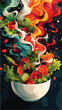 A bowl of colorful vegetables emitting smoke, symbolizing the art of cooking and flavor infusion