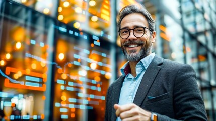 Poster - A smiling financial advisor standing in front of a modern office building overlayed with translucent graphs and numbers. Generative AI.