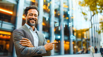 Poster - A smiling financial advisor standing in front of a modern office building overlayed with translucent graphs and numbers. Generative AI.