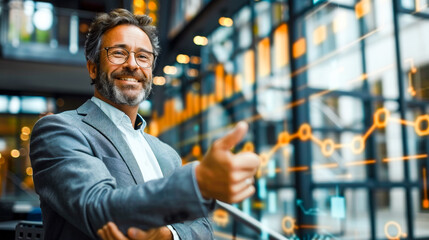 Poster - A smiling financial advisor standing in front of a modern office building overlayed with translucent graphs and numbers. Generative AI.