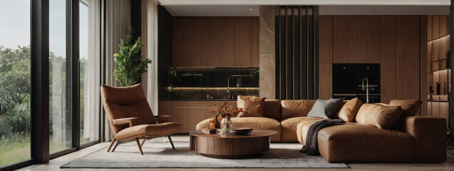 Wall Mural - Explore a modern apartment's earth-tone design elements, offering a beautiful backdrop for home interiors.