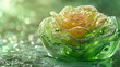 a close up of a yellow rose in a glass vase with water droplets on the surface and a green background.