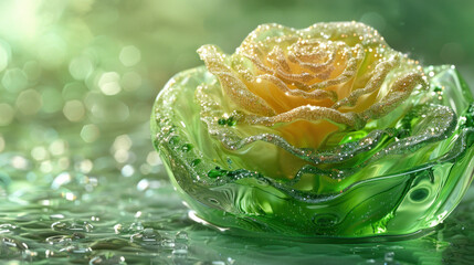 Wall Mural - a close up of a yellow rose in a glass vase with water droplets on the surface and a green background.