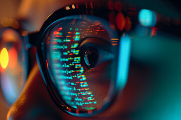 close-up of eyeglasses with a reflection of programming code
